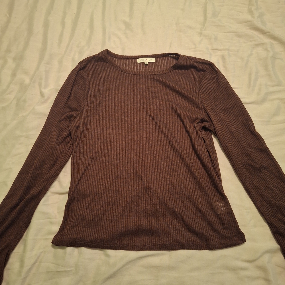 Women's Brown Ribbed Long Sleeve Casual Top